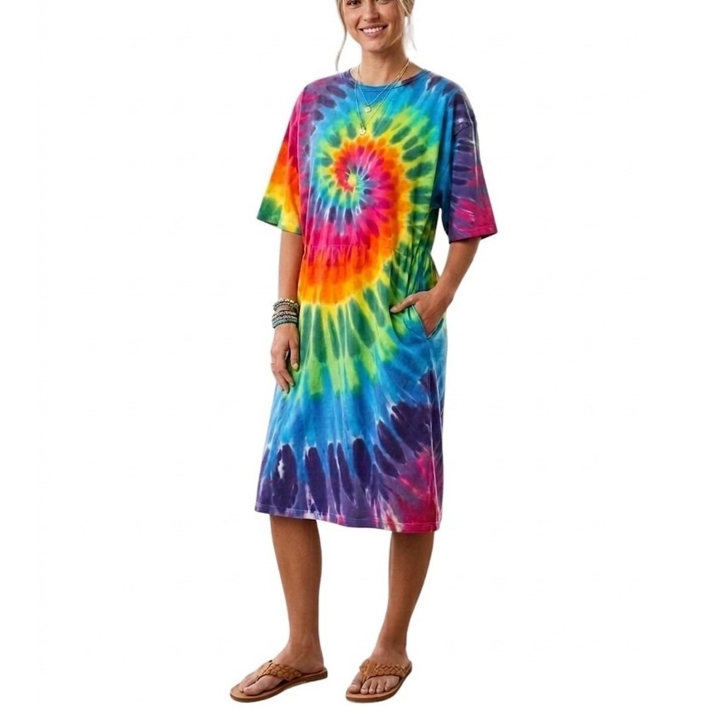 Vintage 70s Ron Jon Surf Shop Heavy Cotton Tie Dye T-Shirt Dress Rainbow Midi XL